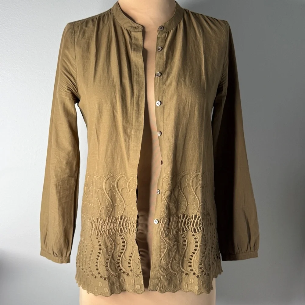 J.Crew Olive Green 100% Cotton Button-Up Women's Top Embroidery Lace Embroidered - Picture 5 of 11